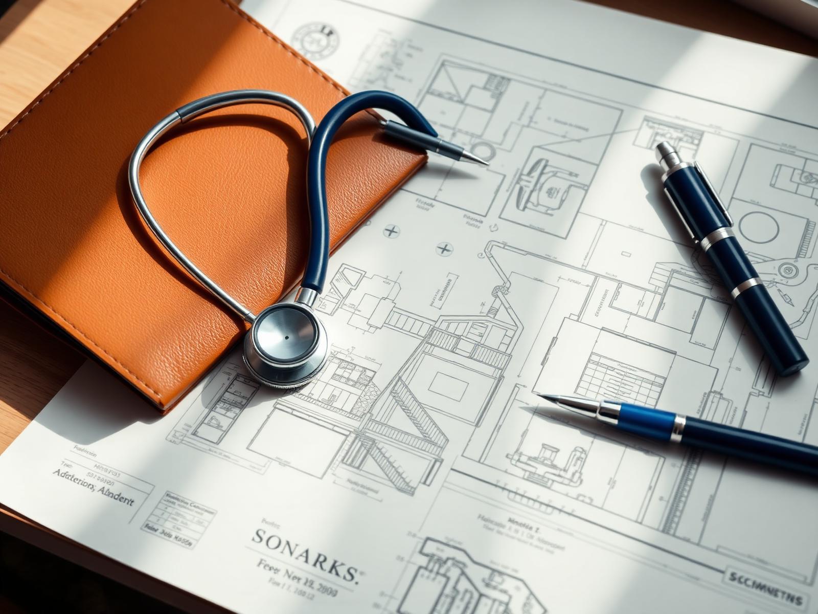 Editorial still life of a stethoscope resting on architectural blueprints beside a leather notebook