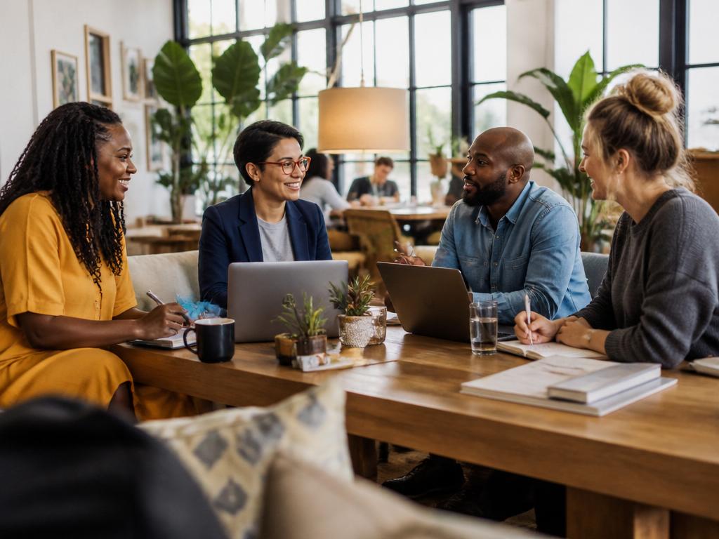 Small business owners collaborating in a bright co-working space