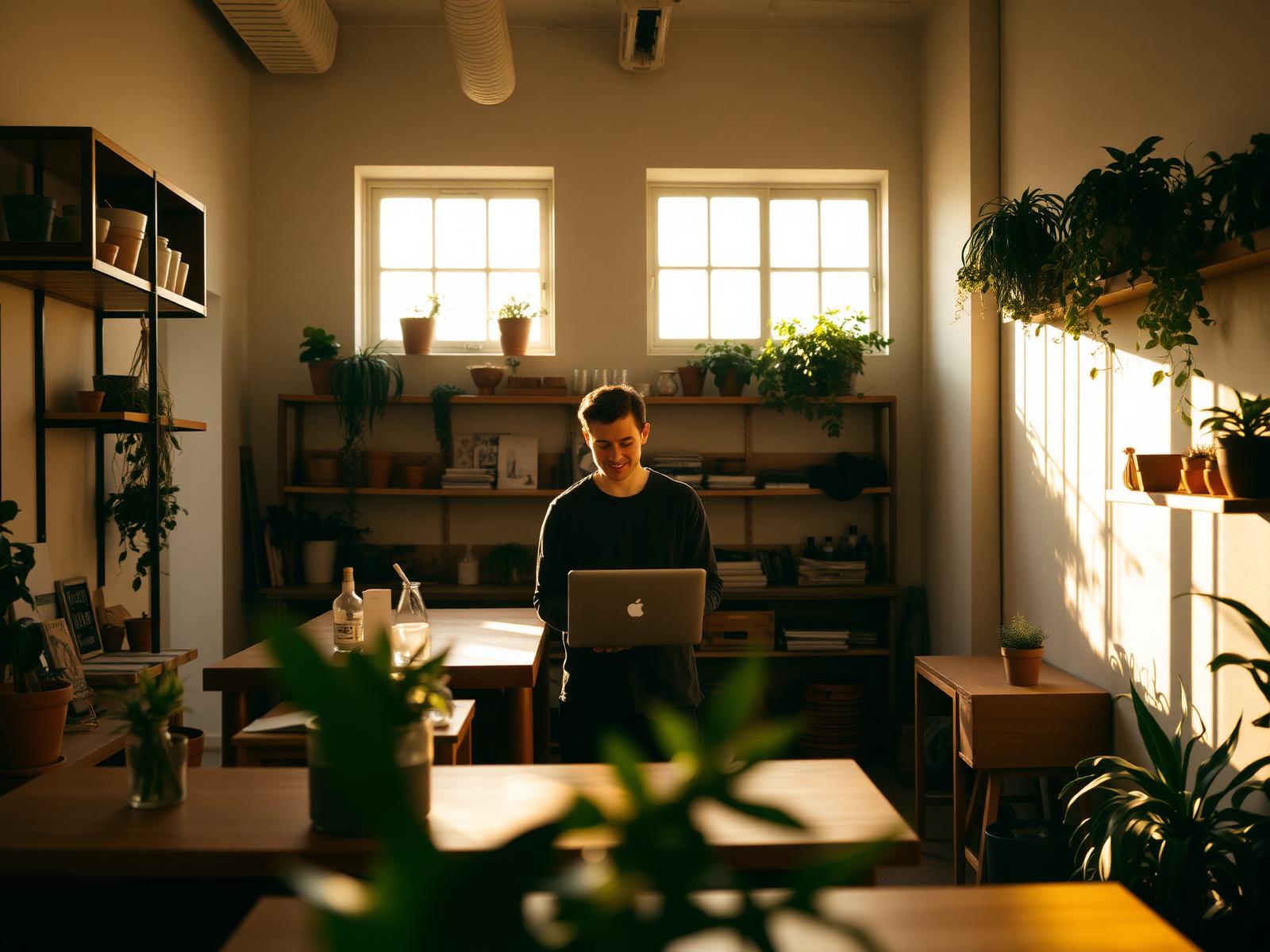 Independent small business owner working at a wooden counter in golden hour light