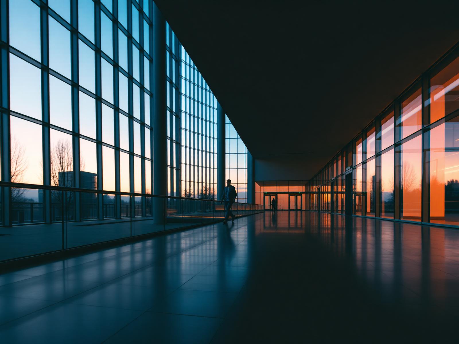 Modern corporate atrium at dusk with a lone figure walking beneath floor-to-ceiling windows