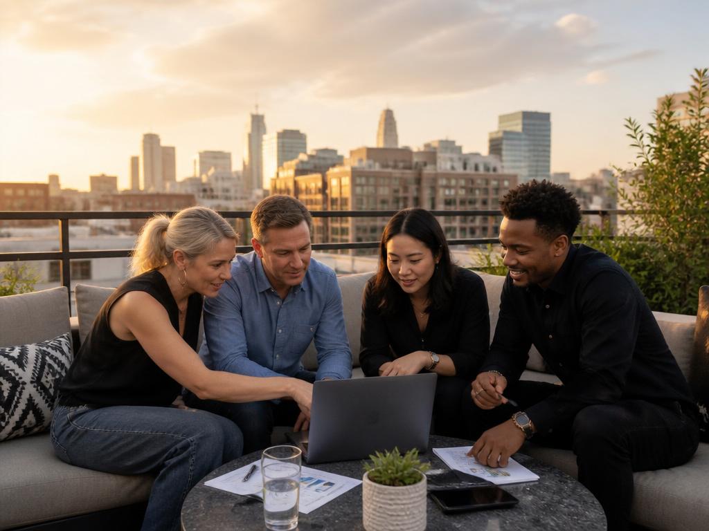 Local business owners collaborating on a rooftop lounge at golden hour