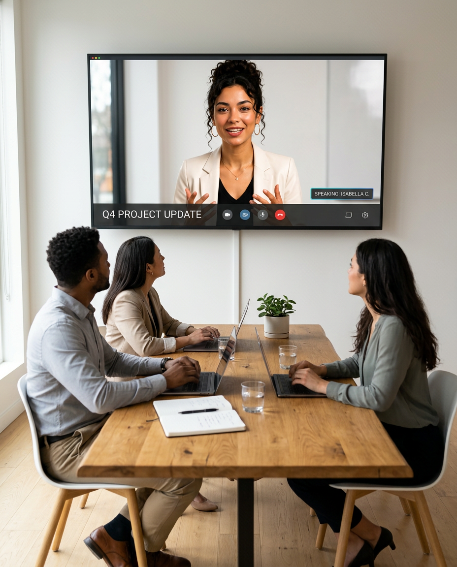 Human consultants collaborating with an AI teammate in a warmly lit modern workspace